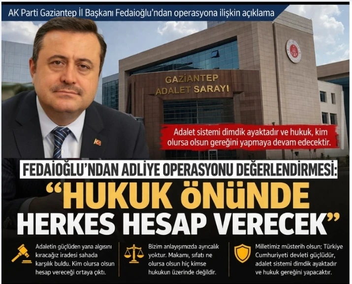 Fedaioğlu&rsquo;ndan Adliye Operasyonu Değerlendirmesi: &ldquo;Hukuk &Ouml;n&uuml;nde Herkes Hesap Verecek&rdquo;