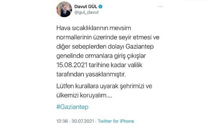 Gaziantep'te ormanlara giriş yasağı