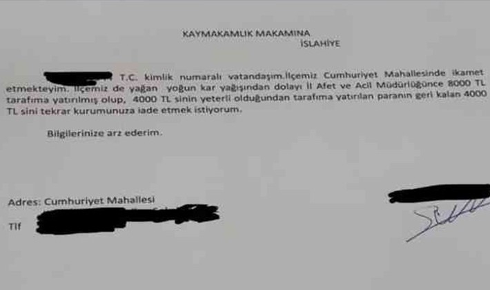 Afetzede gelen yardımın yarısını devlete iade etti