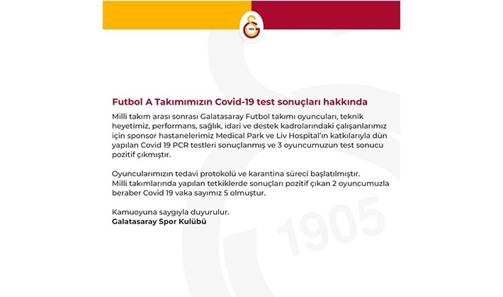 Galatasaray'da pozitif vaka sayısı 5'e çıktı