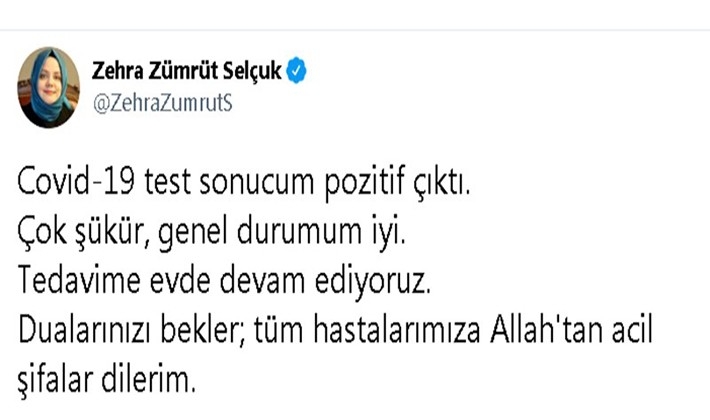 BAKAN ZEHRA ZÜMRÜT SELÇUK'UN KORONA TESTİ POZİTİF ÇIKTI