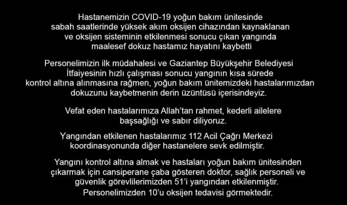 Sanko Üniversitesi Hastanesi'nden başsağlığı mesajı