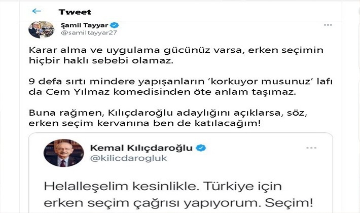 Tayyar'dan erken seçim çağrısına şartlı destek