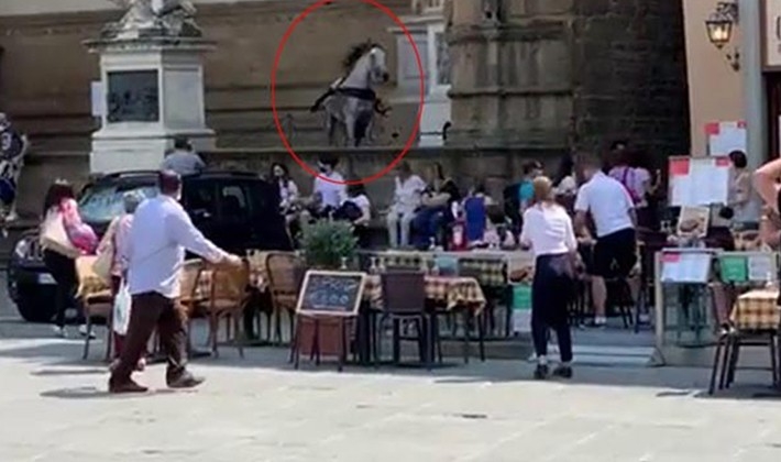 Kızgın at Floransa'nın ünlü meydanını birbirine kattı