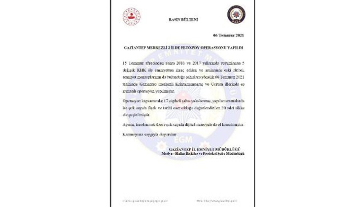 Gaziantep merkezli 3 ilde FETÖ operasyonu: 17 gözaltı